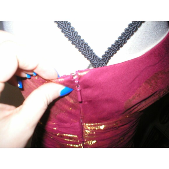 New NWT $310 Womens 6 Aidan Mattox Silk Metallic One Shoulder Dress Red Gold - Picture 5 of 12